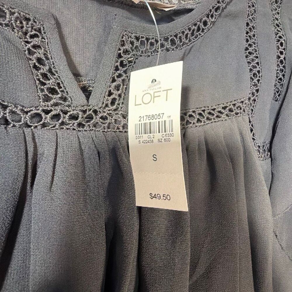 LOFT Small Charcoal Gray Ruffle Sleeve Lace Trim Blouse Business Office NEW - Picture 4 of 9